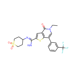 CCn1cc(-c2cccc(C(F)(F)F)c2)c2sc(/C(N)=N/C3CCS(=O)(=O)CC3)cc2c1=O ZINC000231374665