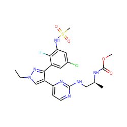 CCn1cc(-c2ccnc(NC[C@H](C)NC(=O)OC)n2)c(-c2cc(Cl)cc(NS(C)(=O)=O)c2F)n1 ZINC000198439284