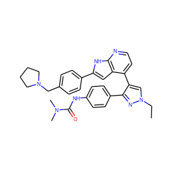 CCn1cc(-c2ccnc3[nH]c(-c4ccc(CN5CCCC5)cc4)cc23)c(-c2ccc(NC(=O)N(C)C)cc2)n1 ZINC000049125847