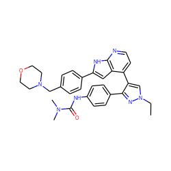 CCn1cc(-c2ccnc3[nH]c(-c4ccc(CN5CCOCC5)cc4)cc23)c(-c2ccc(NC(=O)N(C)C)cc2)n1 ZINC000049784089