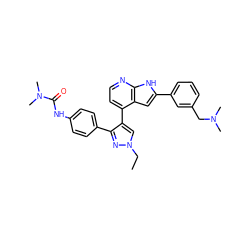 CCn1cc(-c2ccnc3[nH]c(-c4cccc(CN(C)C)c4)cc23)c(-c2ccc(NC(=O)N(C)C)cc2)n1 ZINC000043170519