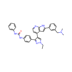 CCn1cc(-c2ccnc3[nH]c(-c4cccc(CN(C)C)c4)cc23)c(-c2ccc(NC(=O)Nc3ccccc3)cc2)n1 ZINC000049792474