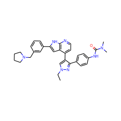 CCn1cc(-c2ccnc3[nH]c(-c4cccc(CN5CCCC5)c4)cc23)c(-c2ccc(NC(=O)N(C)C)cc2)n1 ZINC000049784963