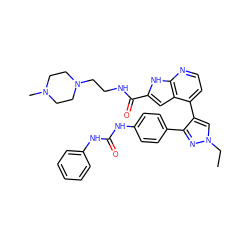 CCn1cc(-c2ccnc3[nH]c(C(=O)NCCN4CCN(C)CC4)cc23)c(-c2ccc(NC(=O)Nc3ccccc3)cc2)n1 ZINC000049784965