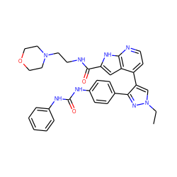 CCn1cc(-c2ccnc3[nH]c(C(=O)NCCN4CCOCC4)cc23)c(-c2ccc(NC(=O)Nc3ccccc3)cc2)n1 ZINC000049784960