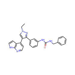 CCn1cc(-c2ccnc3[nH]ccc23)c(-c2cccc(NC(=O)NCc3ccccc3)c2)n1 ZINC000040955373