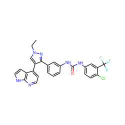 CCn1cc(-c2ccnc3[nH]ccc23)c(-c2cccc(NC(=O)Nc3ccc(Cl)c(C(F)(F)F)c3)c2)n1 ZINC000043171857