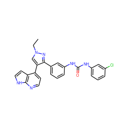 CCn1cc(-c2ccnc3[nH]ccc23)c(-c2cccc(NC(=O)Nc3cccc(Cl)c3)c2)n1 ZINC000040972783