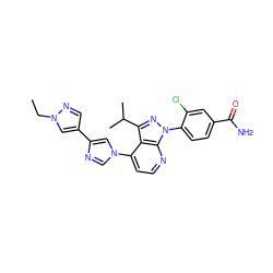 CCn1cc(-c2cn(-c3ccnc4c3c(C(C)C)nn4-c3ccc(C(N)=O)cc3Cl)cn2)cn1 ZINC000169703546