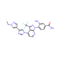 CCn1cc(-c2cn(-c3ccnc4c3c(C(F)(F)F)nn4-c3ccc(C(N)=O)cc3N)cn2)cn1 ZINC000169703586