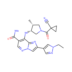 CCn1cc(-c2cn3ncc(C(N)=O)c(N[C@H]4CN(C(=O)C5(C#N)CC5)C[C@H]4C)c3n2)cn1 ZINC001772619372