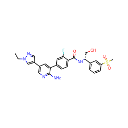 CCn1cc(-c2cnc(N)c(-c3ccc(C(=O)N[C@H](CO)c4cccc(S(C)(=O)=O)c4)c(F)c3)c2)cn1 ZINC001772574202