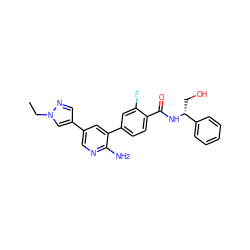 CCn1cc(-c2cnc(N)c(-c3ccc(C(=O)N[C@H](CO)c4ccccc4)c(F)c3)c2)cn1 ZINC001772605224