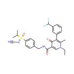 CCn1cc(C(=O)NCc2ccc([S@@](=O)(=NC#N)C(C)C)cc2)c(=O)c(-c2cccc(C(F)F)c2)c1C ZINC000149862171