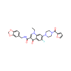 CCn1cc(C(=O)NCc2ccc3c(c2)OCO3)c(=O)c2cc(F)c(N3CCN(C(=O)c4ccco4)CC3)cc21 ZINC000002275480