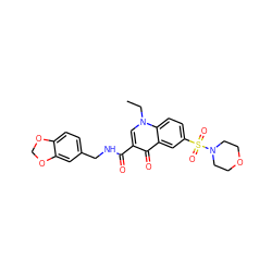 CCn1cc(C(=O)NCc2ccc3c(c2)OCO3)c(=O)c2cc(S(=O)(=O)N3CCOCC3)ccc21 ZINC000004101762