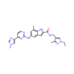 CCn1cc(CNC(=O)c2cc3cc(Nc4nccc(-c5cn(C)cn5)n4)cc(C)c3[nH]2)c(C)n1 ZINC000222325439