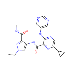 CCn1cc(NC(=O)c2nc(C3CC3)cnc2Nc2cncnc2)c(C(=O)NC)n1 ZINC000148724689