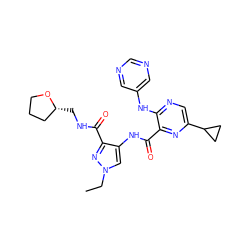 CCn1cc(NC(=O)c2nc(C3CC3)cnc2Nc2cncnc2)c(C(=O)NC[C@@H]2CCCO2)n1 ZINC000148584370