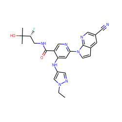 CCn1cc(Nc2cc(-n3ccc4cc(C#N)cnc43)ncc2C(=O)NC[C@@H](F)C(C)(C)O)cn1 ZINC001772637937