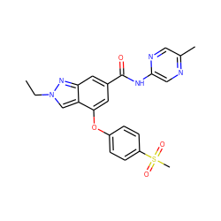 CCn1cc2c(Oc3ccc(S(C)(=O)=O)cc3)cc(C(=O)Nc3cnc(C)cn3)cc2n1 ZINC000095562921