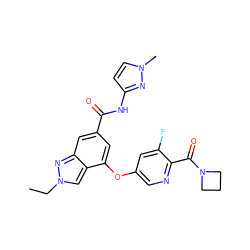 CCn1cc2c(Oc3cnc(C(=O)N4CCC4)c(F)c3)cc(C(=O)Nc3ccn(C)n3)cc2n1 ZINC000068246547