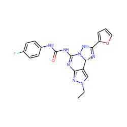 CCn1cc2c(n1)N=C(NC(=O)Nc1ccc(F)cc1)N1NC(c3ccco3)=N[C@H]21 ZINC000034800813