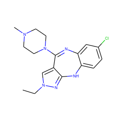 CCn1cc2c(n1)Nc1ccc(Cl)cc1N=C2N1CCN(C)CC1 ZINC000026576289