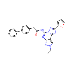 CCn1cc2c(nc(NC(=O)Cc3ccc(-c4ccccc4)cc3)n3nc(-c4ccco4)nc23)n1 ZINC000045288637