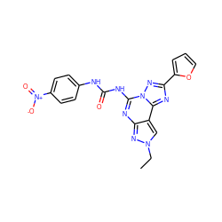 CCn1cc2c(nc(NC(=O)Nc3ccc([N+](=O)[O-])cc3)n3nc(-c4ccco4)nc23)n1 ZINC000013472337