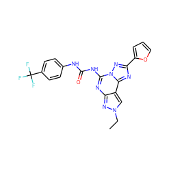 CCn1cc2c(nc(NC(=O)Nc3ccc(C(F)(F)F)cc3)n3nc(-c4ccco4)nc23)n1 ZINC000013472341