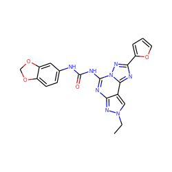 CCn1cc2c(nc(NC(=O)Nc3ccc4c(c3)OCO4)n3nc(-c4ccco4)nc23)n1 ZINC000013472336