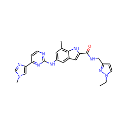 CCn1ccc(CNC(=O)c2cc3cc(Nc4nccc(-c5cn(C)cn5)n4)cc(C)c3[nH]2)n1 ZINC000205652637