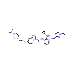 CCn1ccc(Cn2nc(C3CC3)c3c(NC(=O)c4cnc5cc(OCCN6CCN(C(C)C)CC6)ccn45)cccc32)n1 ZINC000117883115