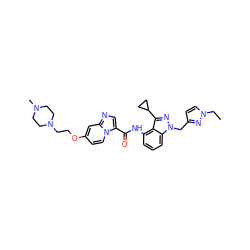 CCn1ccc(Cn2nc(C3CC3)c3c(NC(=O)c4cnc5cc(OCCN6CCN(C)CC6)ccn45)cccc32)n1 ZINC000117879462