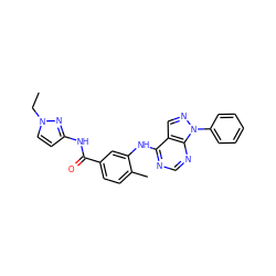 CCn1ccc(NC(=O)c2ccc(C)c(Nc3ncnc4c3cnn4-c3ccccc3)c2)n1 ZINC000029050005