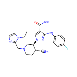 CCn1ccnc1CN1CC[C@@H](C#N)[C@H](n2cc(C(N)=O)c(Nc3ccc(F)cc3)n2)C1 ZINC000220738610