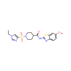 CCn1cnc(S(=O)(=O)N2CCC(C(=O)Nc3nc4ccc(OC)cc4s3)CC2)c1 ZINC000064957411