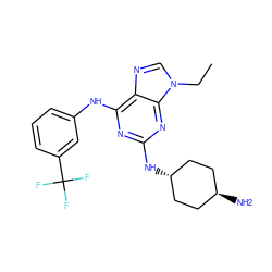 CCn1cnc2c(Nc3cccc(C(F)(F)F)c3)nc(N[C@H]3CC[C@H](N)CC3)nc21 ZINC000100821319