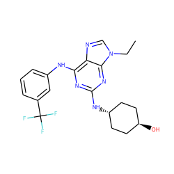 CCn1cnc2c(Nc3cccc(C(F)(F)F)c3)nc(N[C@H]3CC[C@H](O)CC3)nc21 ZINC000253738378