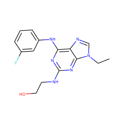 CCn1cnc2c(Nc3cccc(F)c3)nc(NCCO)nc21 ZINC000028015840