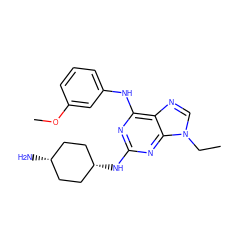 CCn1cnc2c(Nc3cccc(OC)c3)nc(N[C@H]3CC[C@@H](N)CC3)nc21 ZINC000100821330