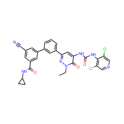 CCn1nc(-c2cccc(-c3cc(C#N)cc(C(=O)NC4CC4)c3)c2)cc(NC(=O)Nc2c(Cl)cncc2Cl)c1=O ZINC000142832854