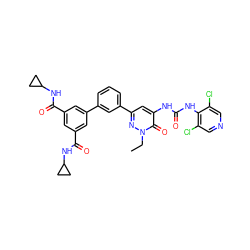 CCn1nc(-c2cccc(-c3cc(C(=O)NC4CC4)cc(C(=O)NC4CC4)c3)c2)cc(NC(=O)Nc2c(Cl)cncc2Cl)c1=O ZINC000164116066