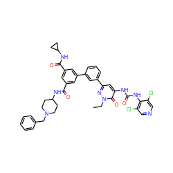 CCn1nc(-c2cccc(-c3cc(C(=O)NC4CC4)cc(C(=O)NC4CCN(Cc5ccccc5)CC4)c3)c2)cc(NC(=O)Nc2c(Cl)cncc2Cl)c1=O ZINC000164136186