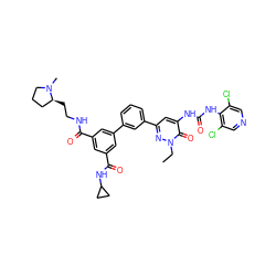 CCn1nc(-c2cccc(-c3cc(C(=O)NCC[C@H]4CCCN4C)cc(C(=O)NC4CC4)c3)c2)cc(NC(=O)Nc2c(Cl)cncc2Cl)c1=O ZINC000164077071