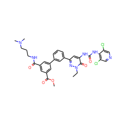 CCn1nc(-c2cccc(-c3cc(C(=O)NCCCN(C)C)cc(C(=O)OC)c3)c2)cc(NC(=O)Nc2c(Cl)cncc2Cl)c1=O ZINC000164149894