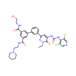 CCn1nc(-c2cccc(-c3cc(C(=O)NCCO)cc(C(=O)NCCN4CCCCC4)c3)c2)cc(NC(=O)Nc2c(Cl)cncc2Cl)c1=O ZINC000164158390