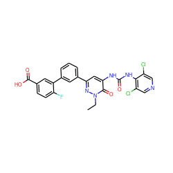 CCn1nc(-c2cccc(-c3cc(C(=O)O)ccc3F)c2)cc(NC(=O)Nc2c(Cl)cncc2Cl)c1=O ZINC000141107590