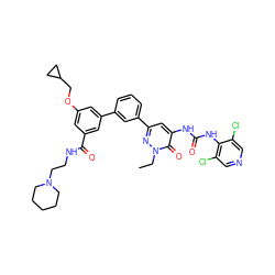 CCn1nc(-c2cccc(-c3cc(OCC4CC4)cc(C(=O)NCCN4CCCCC4)c3)c2)cc(NC(=O)Nc2c(Cl)cncc2Cl)c1=O ZINC000164155922